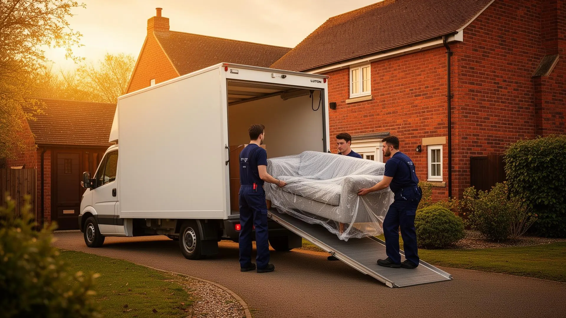 Dimond Movers team loading a wrapped sofa into a Luton removals van outside a UK home