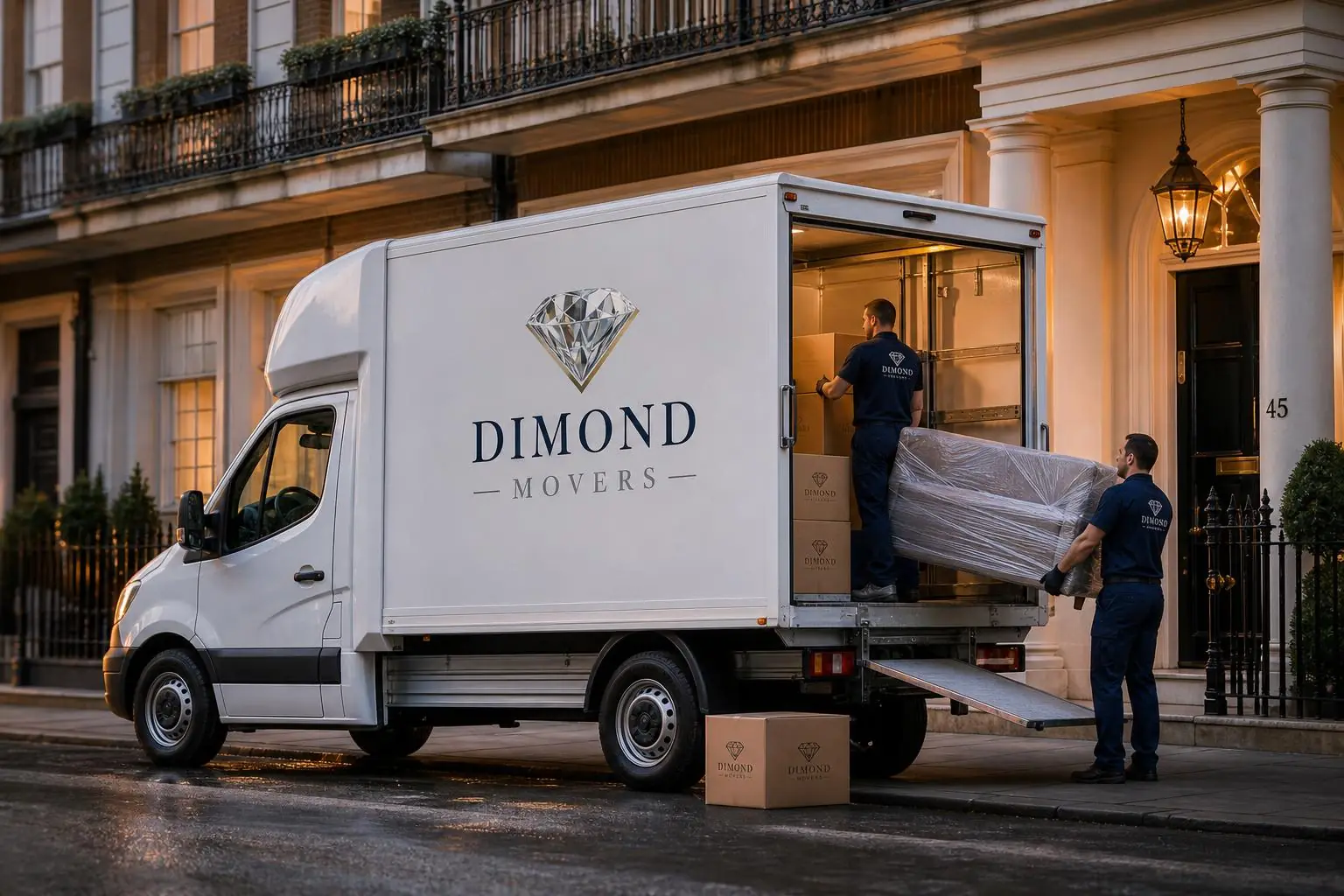 Professional white-glove Dimond Movers crew loading a designer sofa into a branded luxury Luton removals van outside an elegant English townhouse at golden hour